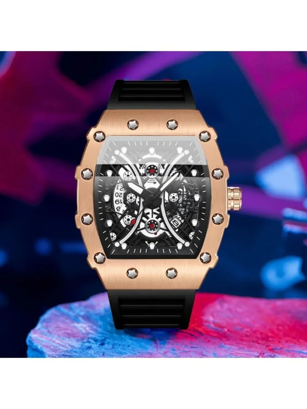 Men's Black Rose Gold Analog Silicone Strap Barrel-Shaped Skeleton Luxury Watch